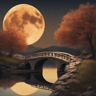 Prompt: A sturdy stone bridge under a full moon, warm colors