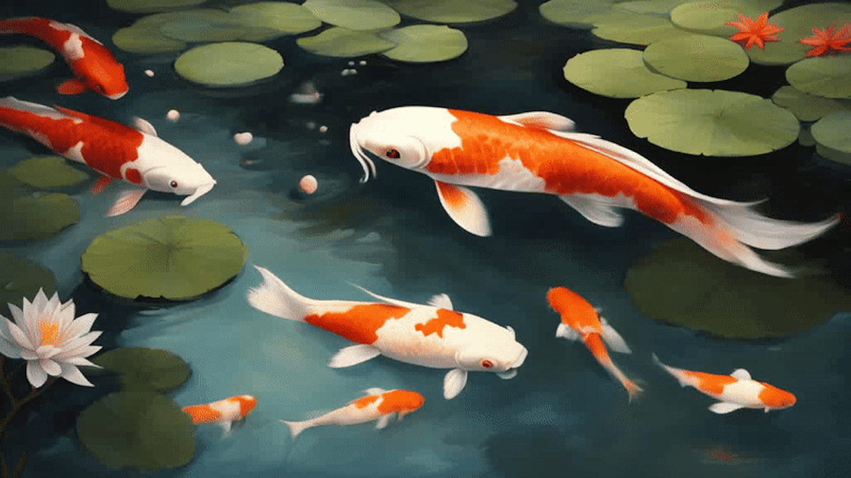 Animated koi fish in a pond generated by SDXL + Stable Video Diffusion