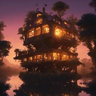 Prompt: a glowing solarpunk treehouse