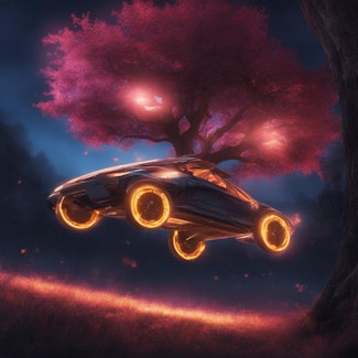 A glowing cyberpunk car racing through an enchanted forest