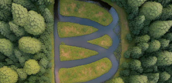 Model: SDXL + ControlNet, Prompt: A top down view of a river through the woods