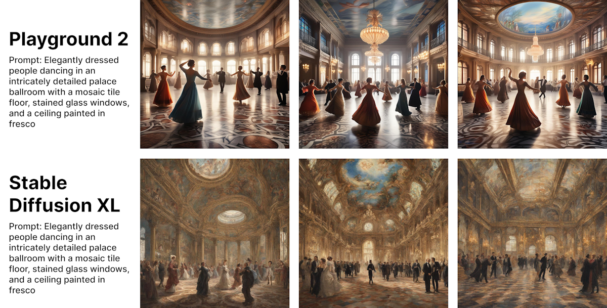 Prompt: Elegantly dressed people dancing in an intricately detailed palace ballroom with a mosaic tile floor, stained glass windows, and a ceiling painted in fresco