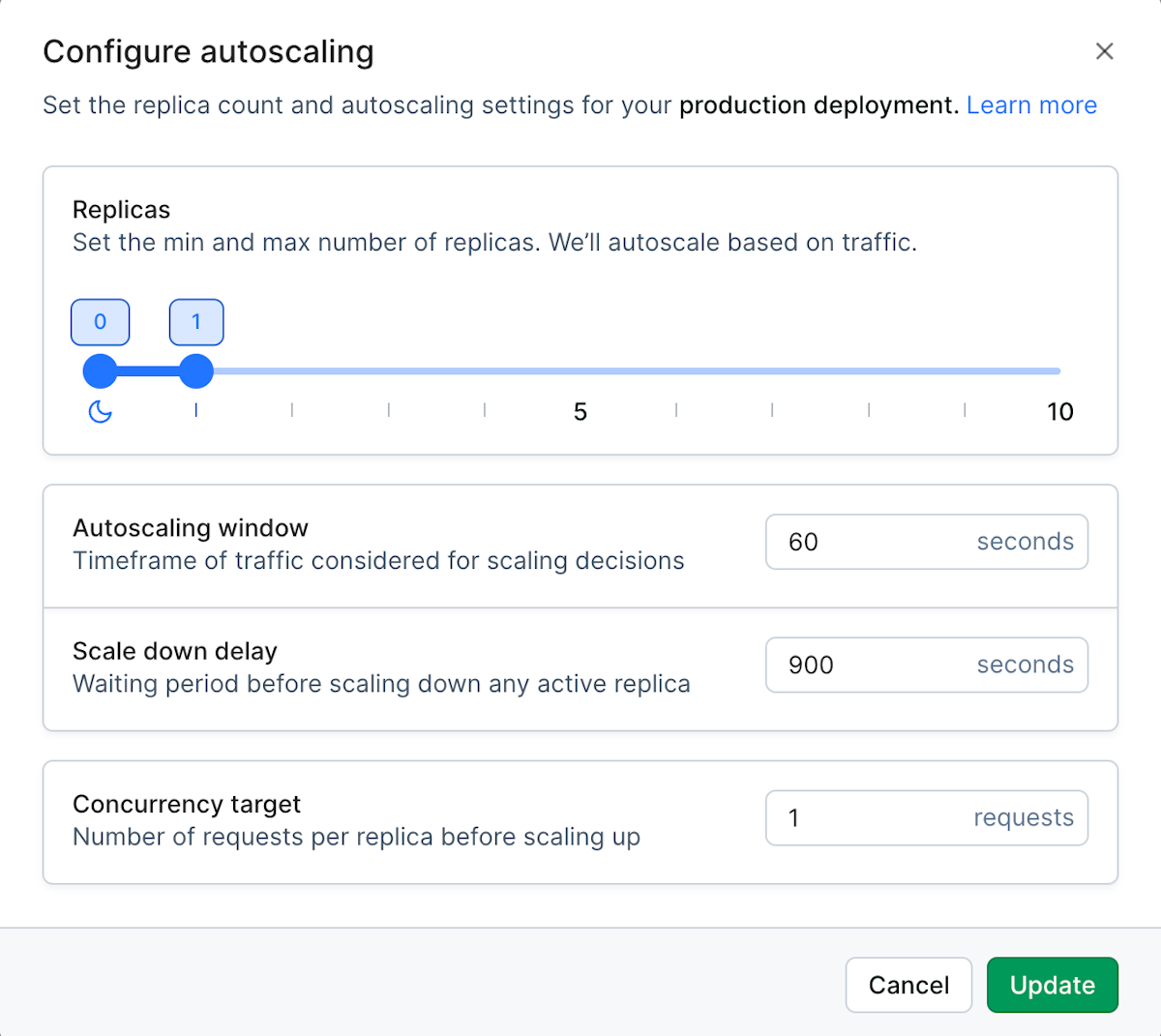 Autoscaling settings with replica range, autoscaling window, scale down delay, and concurrency target