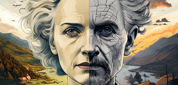 Prompt: An illustration of a face divided in half. Half the face is Marie Curie, the other half of the face is Einstein. Model: Playground v2.