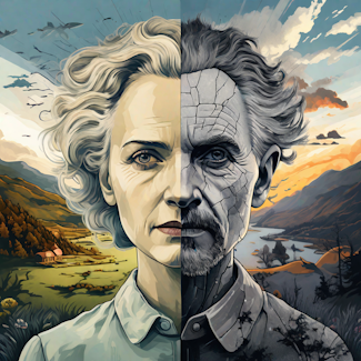 Prompt: An illustration of a face divided in half. Half the face is Marie Curie, the other half of the face is Einstein. Model: Playground v2.