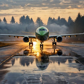 Prompt: A forest green airplane on the runway at dawn. Model: Playground v2.