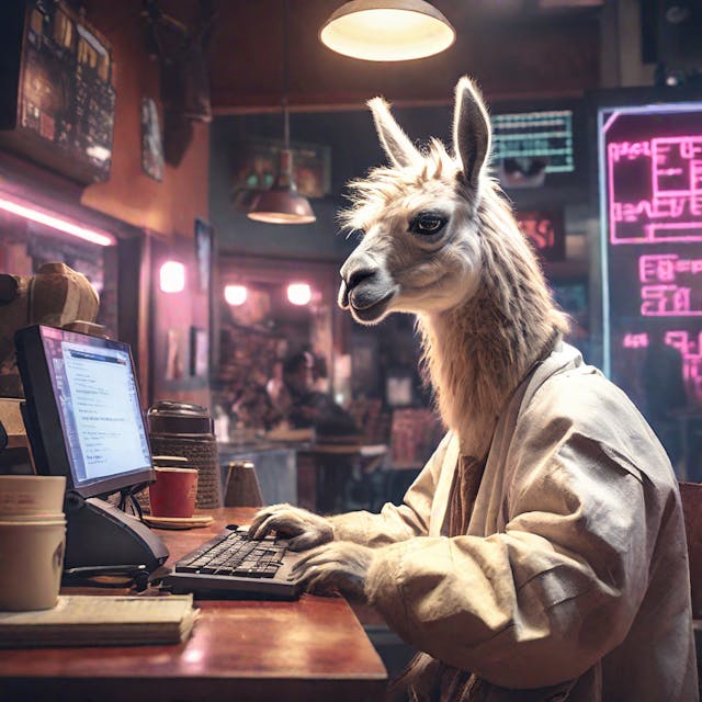 Prompt: A cyberpunk movie still of a Llama writing code in a coffee shop. Model: Playground 2.