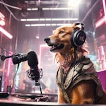 Prompt: a cyberpunk movie still of a dog recording a podcast in a studio. Model: Playground 2.