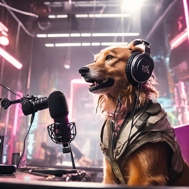 Prompt: a cyberpunk movie still of a dog recording a podcast in a studio. Model: Playground 2.