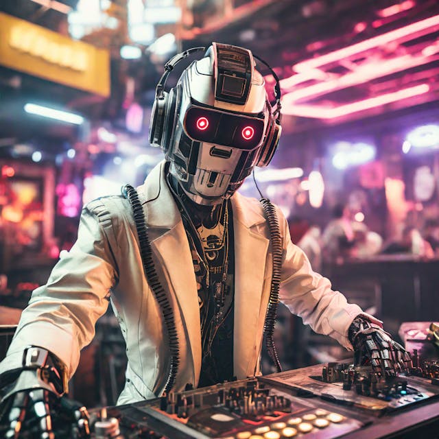 Prompt: a cyberpunk movie still of a robot DJ at a club. Model: Playground 2.