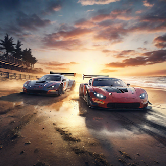 Prompt: Two racecars on the beach at sunset. Model: Playground 2.