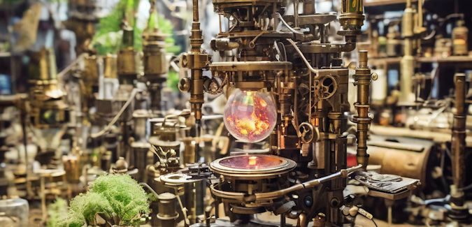 Prompt: A steampunk microscope in a lab run by lord of the rings elves. Model: Playground 2