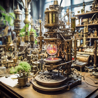 Prompt: A steampunk microscope in a lab run by lord of the rings elves. Model: Playground 2