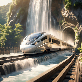Prompt: A futuristic bullet train crossing under a waterfall with soft lighting. Model: Playground 2.