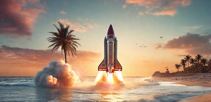 Prompt: a retro rocket ship taking off on the beach at sunrise. Model: Playground 2