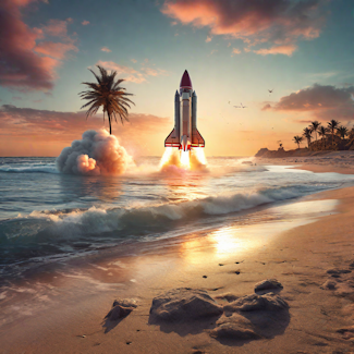 Prompt: a retro rocket ship taking off on the beach at sunrise. Model: Playground 2