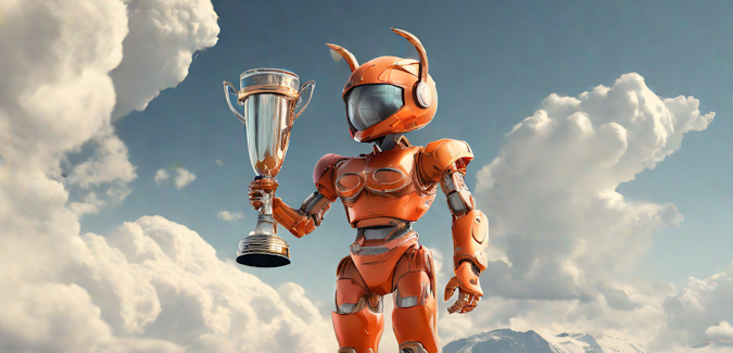 Prompt: A sleek orange robot hoising a trophy on top of a mountain.