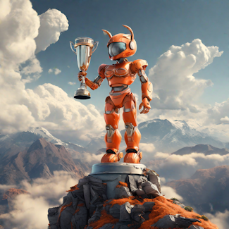 Prompt: A sleek orange robot hoising a trophy on top of a mountain.