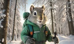 Prompt: A movie still of a squirrel in a forest green ski suit