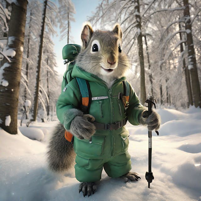 Prompt: A movie still of a squirrel in a forest green ski suit