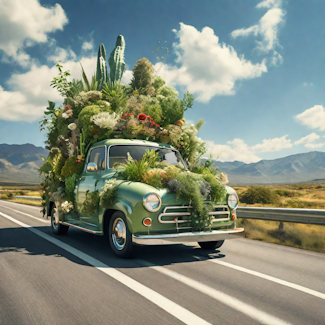 Prompt: A retrofuturistic pickup truck loaded with green plants on a sunny highway