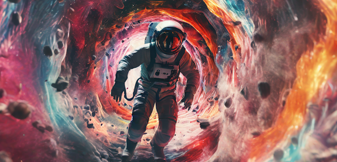 Prompt: A movie still of an astronaut coming through a technicolor wormhole