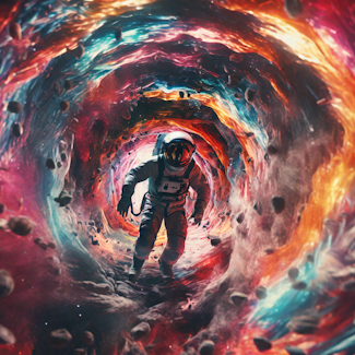 Prompt: A movie still of an astronaut coming through a technicolor wormhole