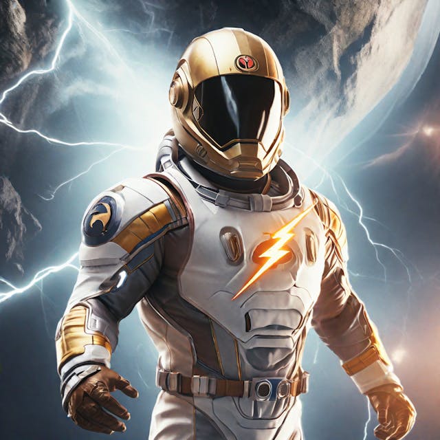 Prompt: A movie still of an astronaut with a dark visor with a lightning bolt superhero icon on his chest