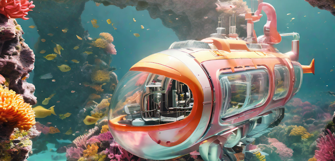 Prompt: A futuristic submarine in a colorful coral reef