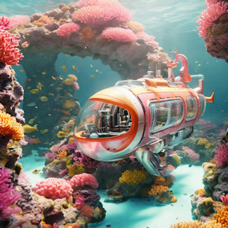 Prompt: A futuristic submarine in a colorful coral reef