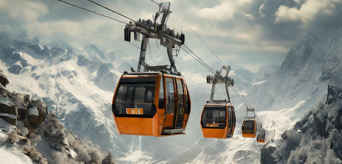 Prompt: a movie still of a gondola lift in the Alps