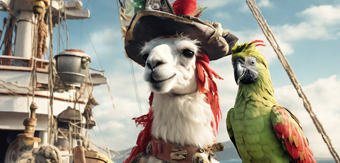 Prompt: A llama dressed as a pirate with a parrot on a ship