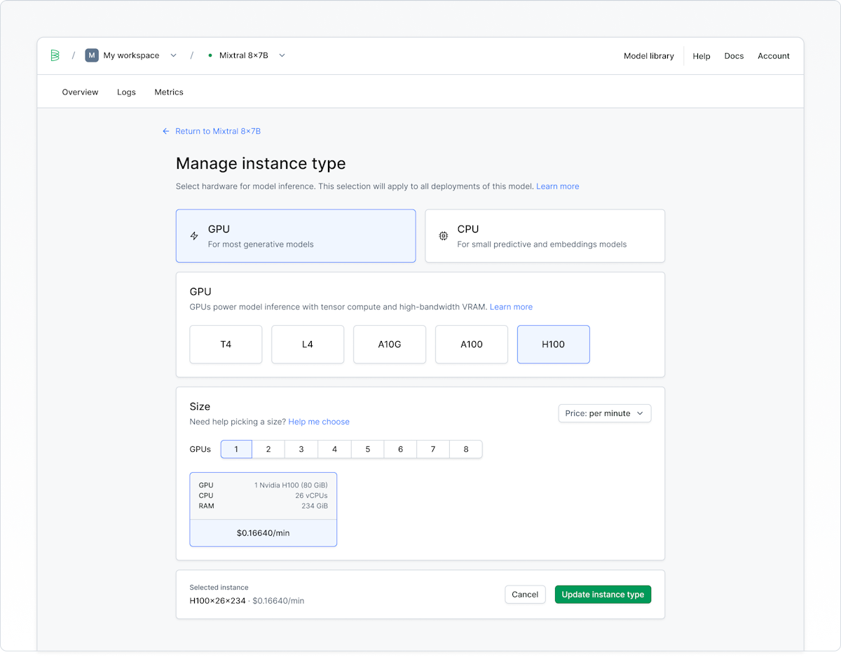 Instance type management dashboard