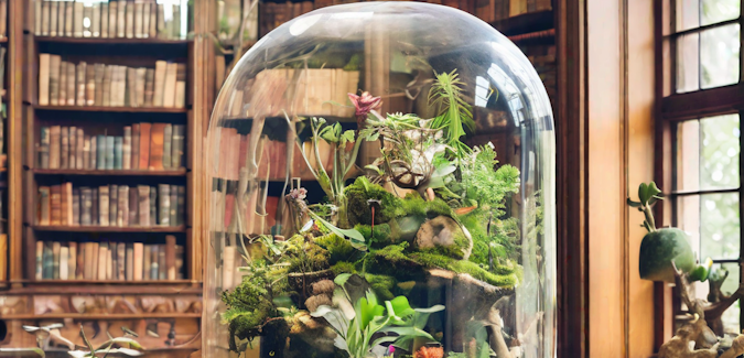 Prompt: a terrarium in a richly appointed library