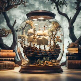 Prompt: A ship in a bottle in a dark wood library
