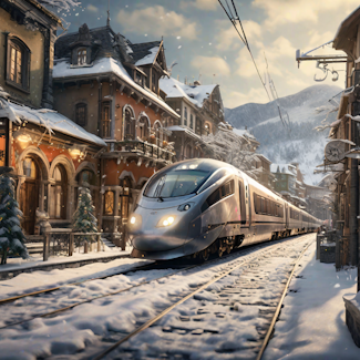 Prompt: a model bullet train in a snowy village.