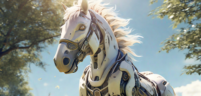 Prompt: A friendly robot horse playing in a sunlit meadow