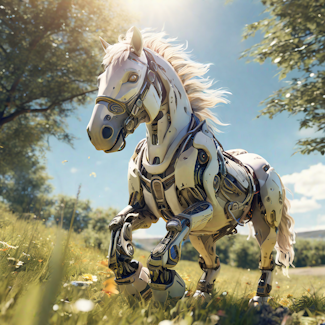 Prompt: A friendly robot horse playing in a sunlit meadow