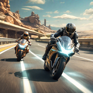 Prompt: Two tron-style motorcycles racing on an empty highway