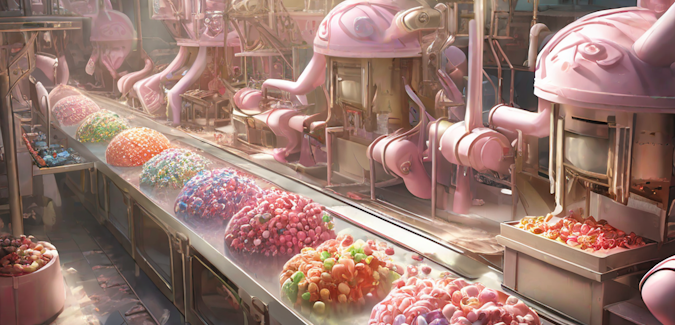 Prompt: A batch of candy being processed on a fantasy assembly line