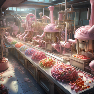 Prompt: A batch of candy being processed on a fantasy assembly line