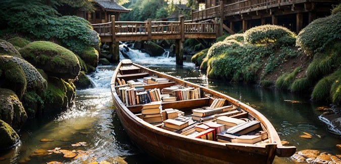 Prompt: A wooden boat full of books floating down a rapid river in a Japanese garden