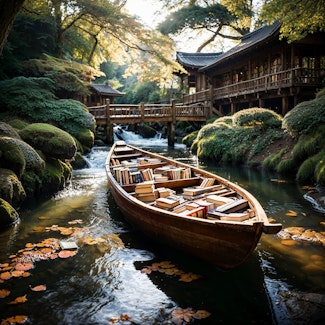 Prompt: A wooden boat full of books floating down a rapid river in a Japanese garden