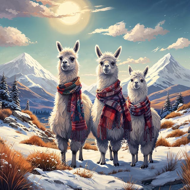 Prompt: Three llamas in a mountain