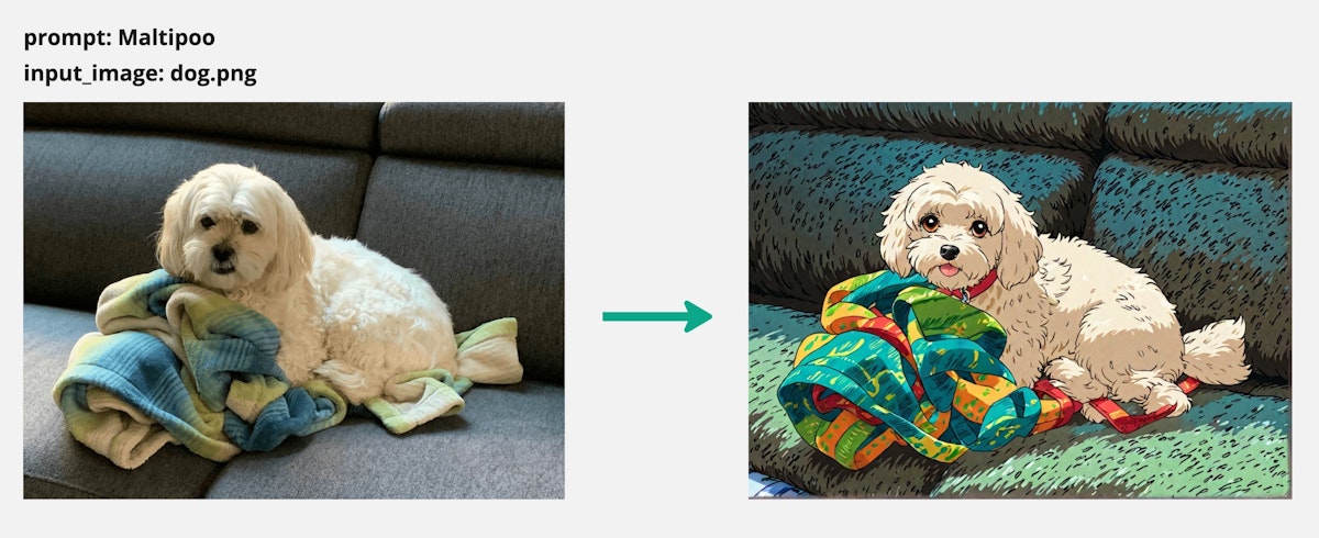 A picture of a maltipoo dog turned into anime style with a custom ComfyUI workflow on Baseten