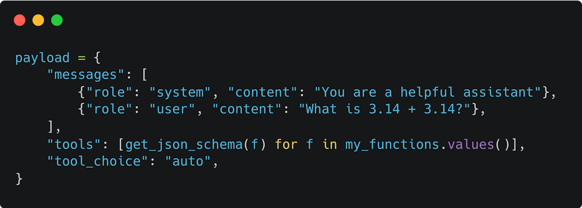 Example payload with function calling via the "tools" key