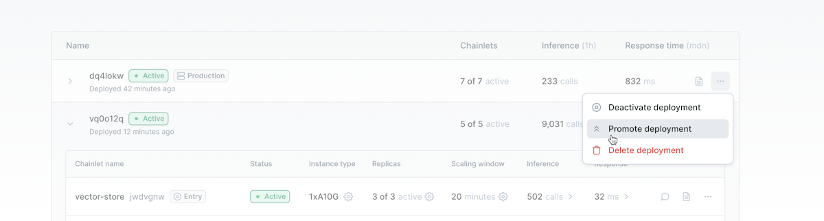 Baseten UI flow for promoting Chains to production