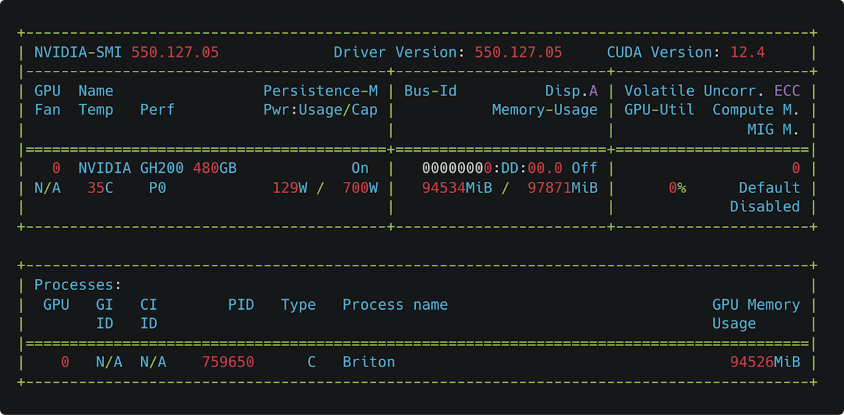 Results for nvidia-smi on our GH200 instance