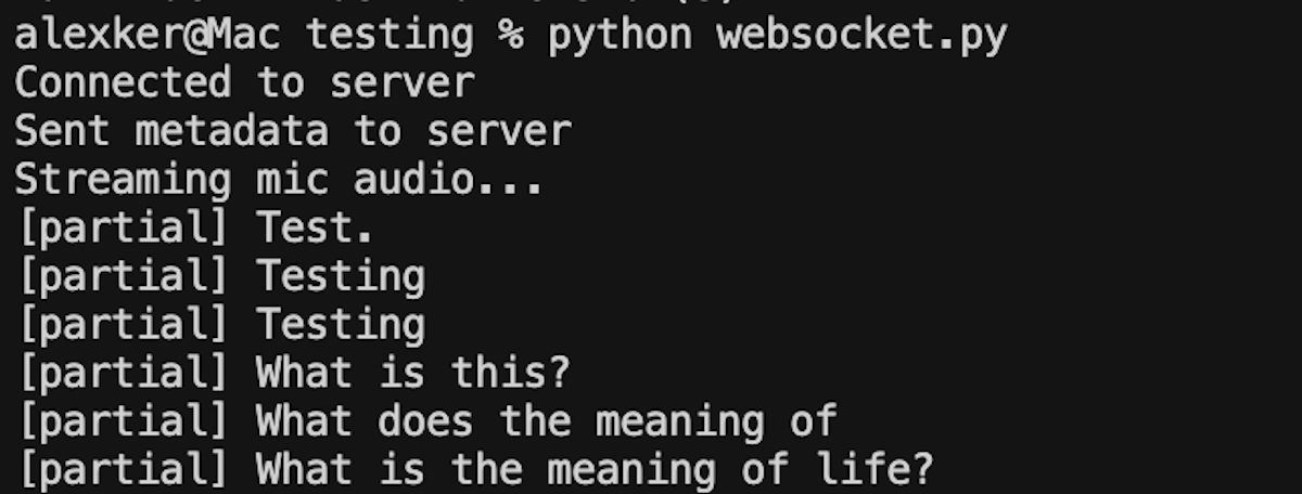 Logs show streaming text output from Whisper model.