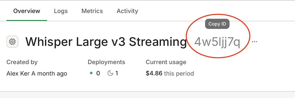 Click the model ID on the model overview page to copy it for later use.